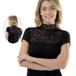 Bluză pe gât cu dantelă cu mânecă scurtă - Belinay 1068