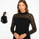 Bluză pe gât, cu dantelă cu mânecă lungă – Belinay 8542